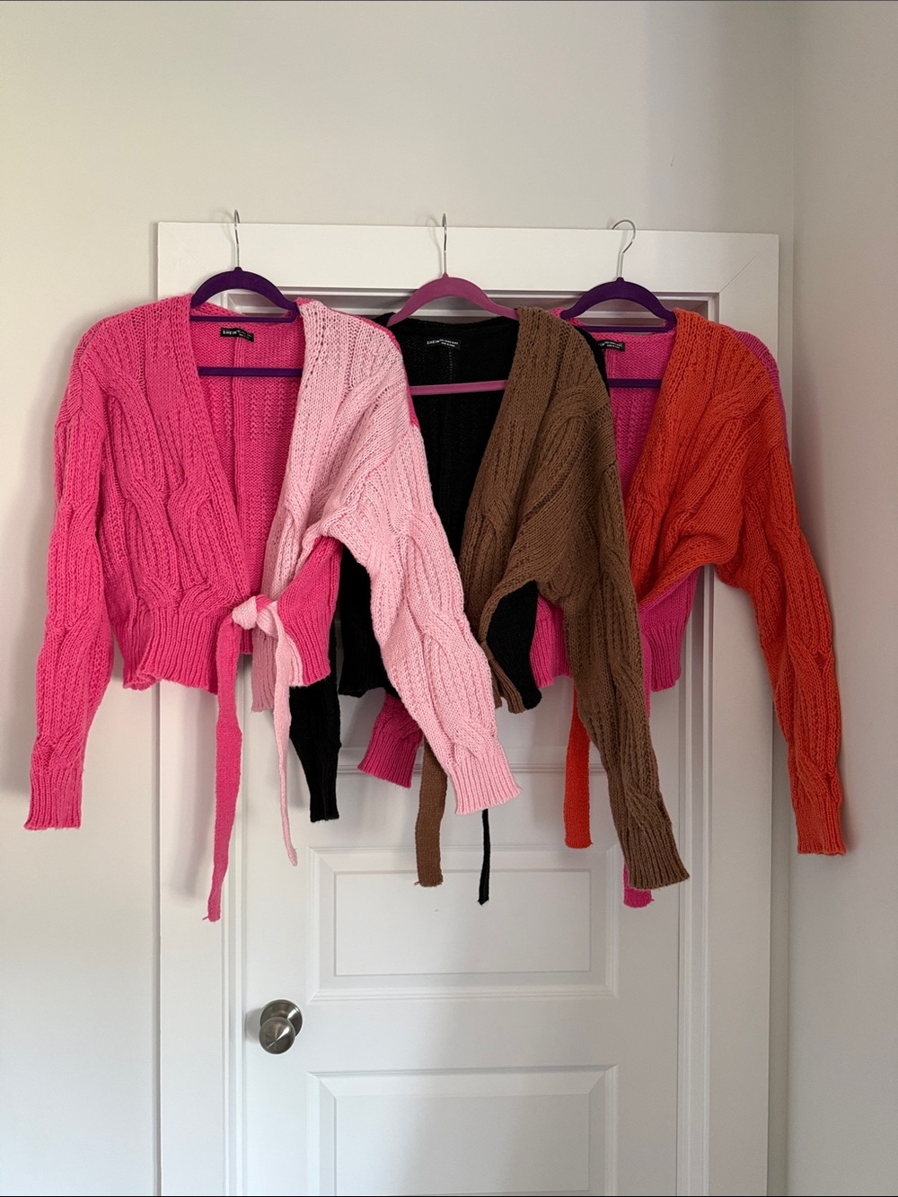 SHEIN Cable Knit Wrap Cardigans in Pink, Light Pink, Black, Brown & Orange